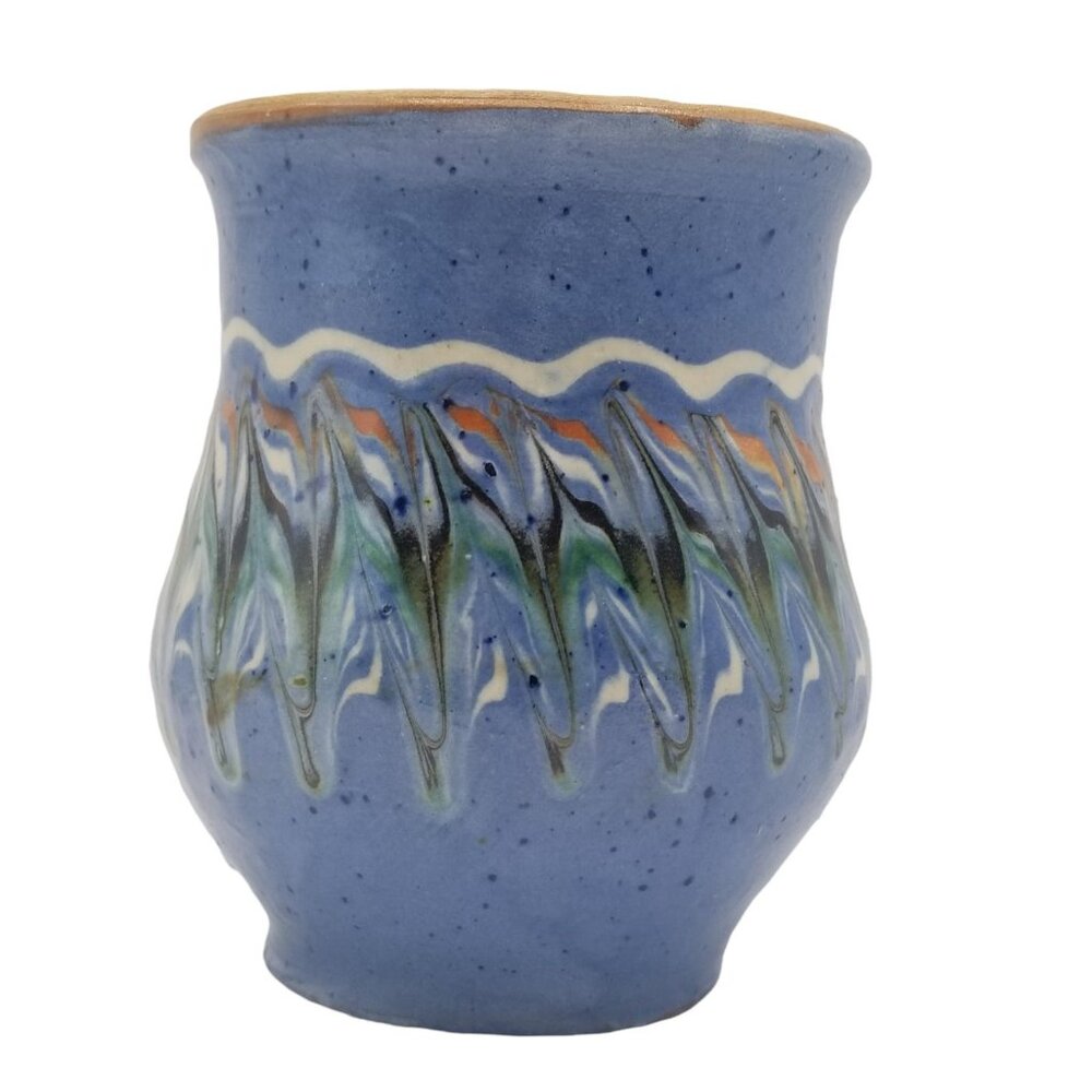 Vintage Stoneware Pottery Mug SIGNED Native American SIGNED Blue Drip Glaze - Picture 2 of 10